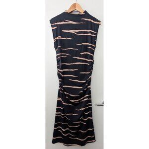 H&M Navy Beige Stripe Pattern Ruched Mock Neck Bodycon Sleeveless Midi Dress